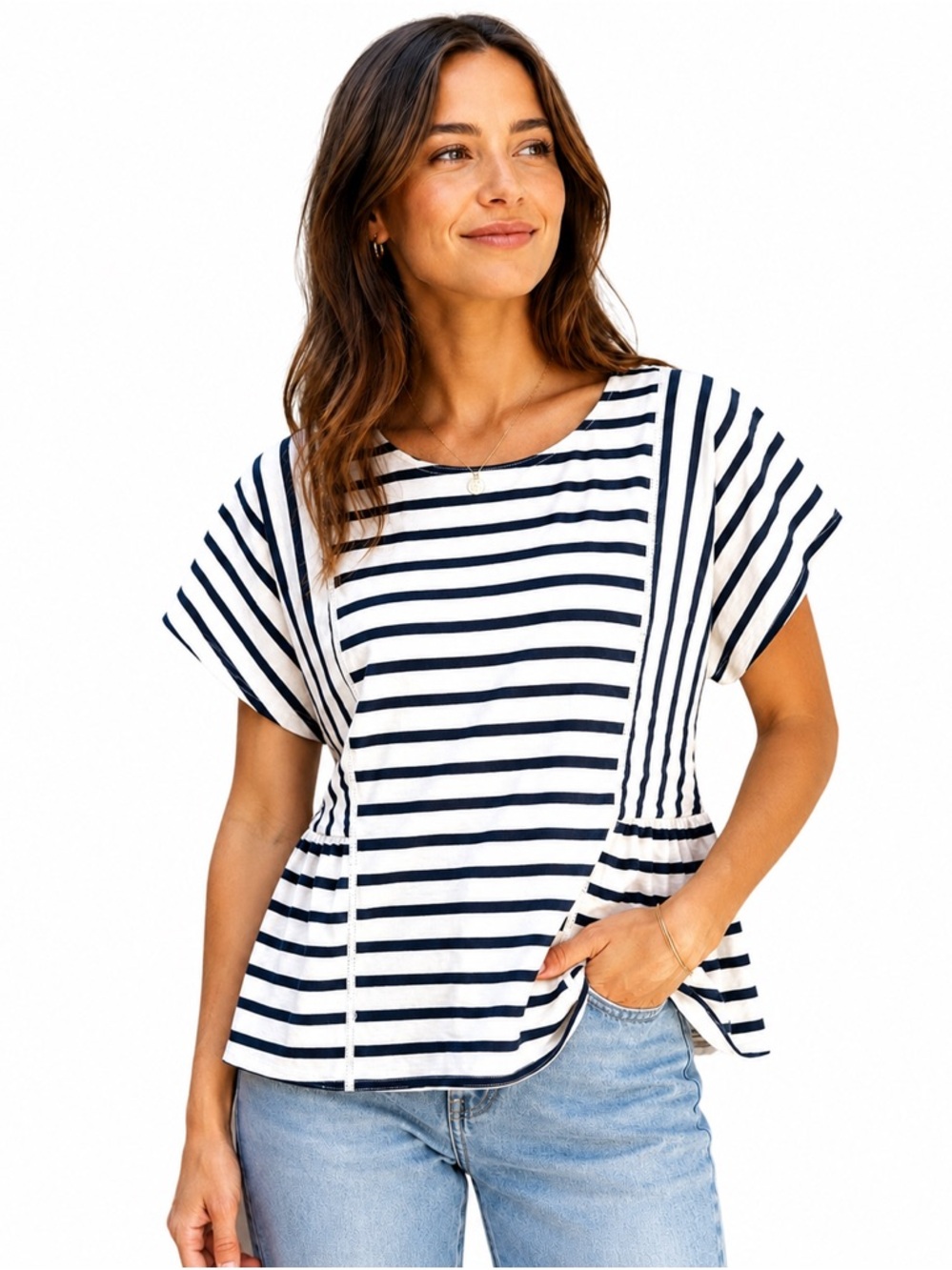 Striped Short-Sleeve Peplum Top - White & Navy